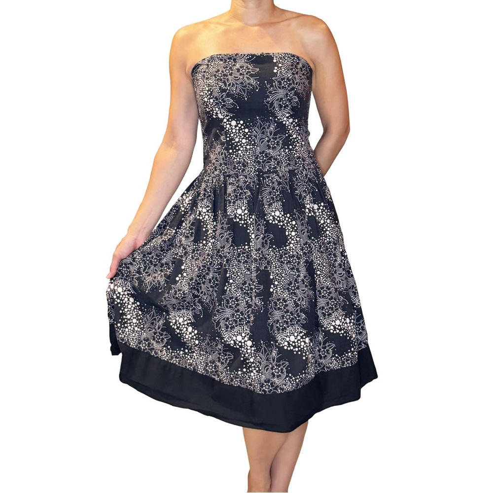 Floral Black and Cream Strapless Dress